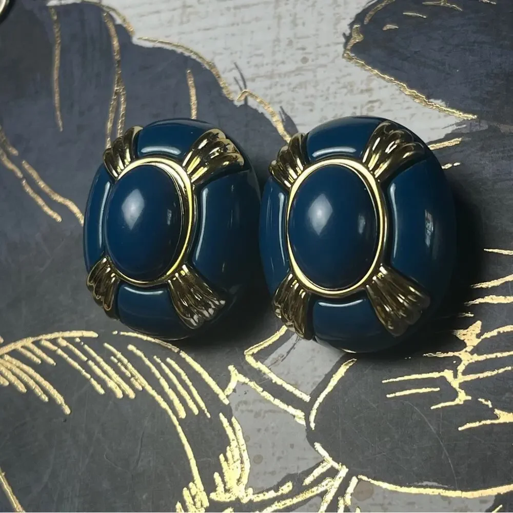 Vintage 80s Oversized Bold Blue Blue Acrylic and Gold Clip Earrings Nautical
